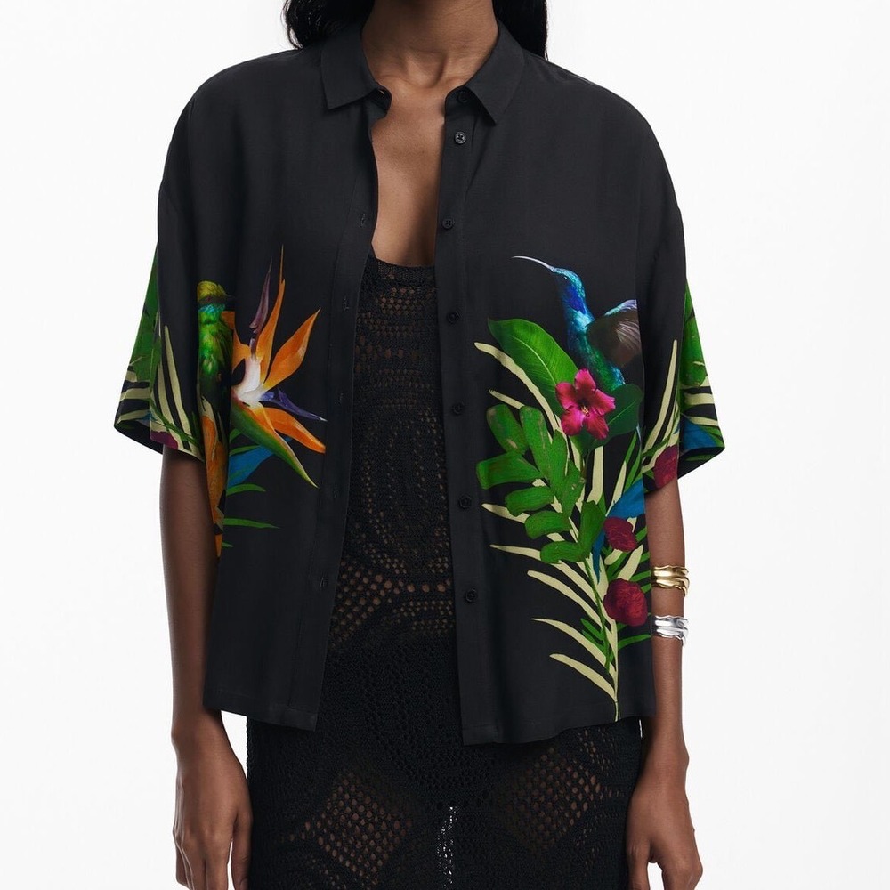 Desigual hawaiian Tropical Bird Floral Viscose Button Down Shirt S resort